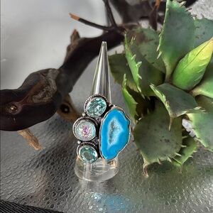 Size 6.5 solar agate, blue topaz Statement Ring funky!!